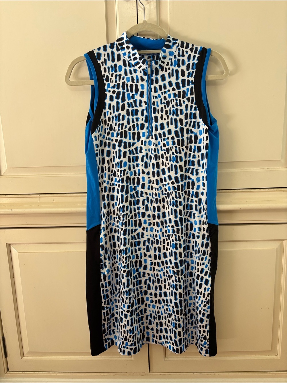 Tail Blue, Black & White Sleeveless Zip-Front Midi Dress
